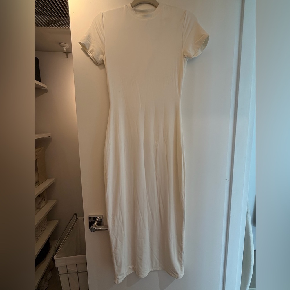 Meshki Strapless Cream Bodycon Midi Dress